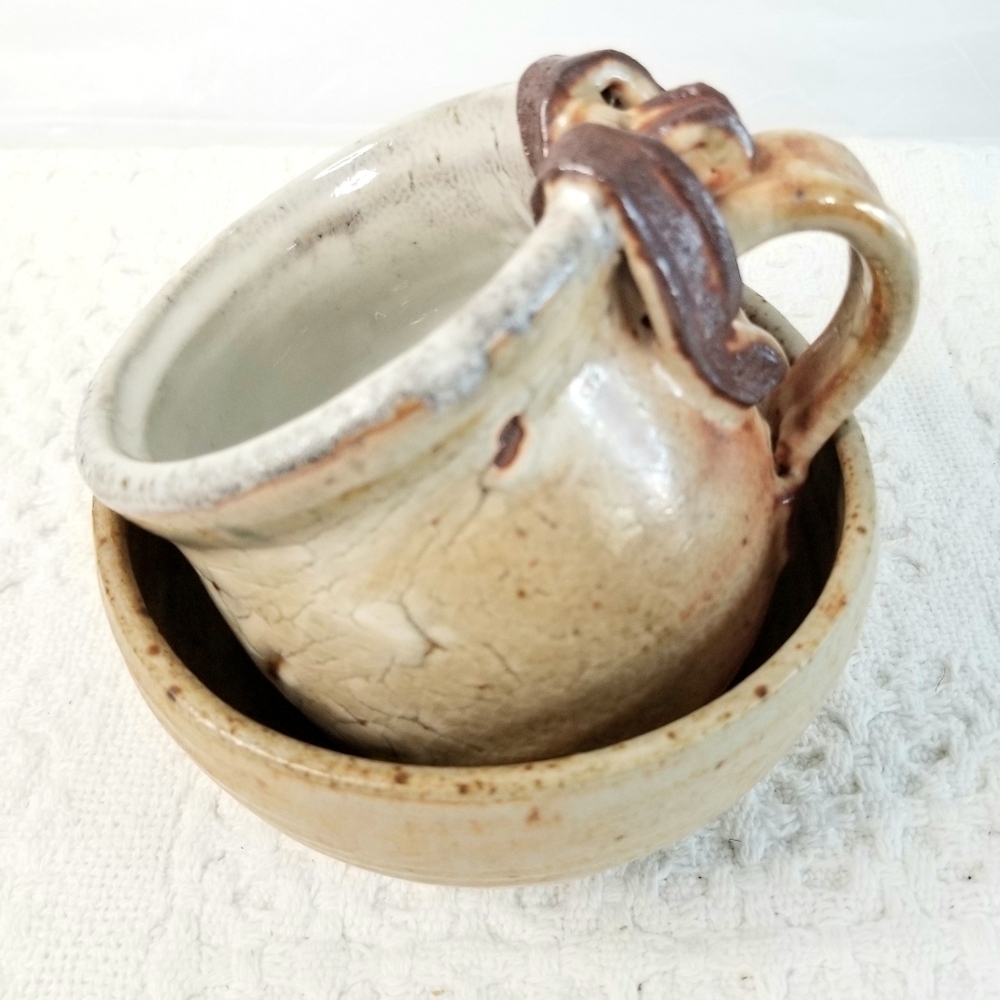 Vintage Hand Thrown Studio Art Pottery Stoneware Bowl and Mug- Artist Signed